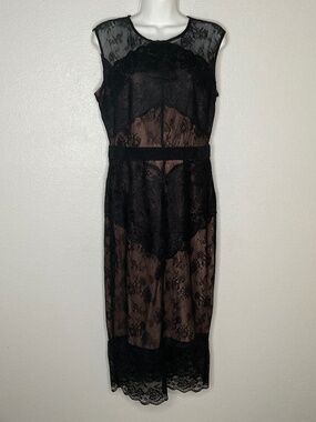 New Eva Mendes Black Lace Floral Pencil Midi Dress Semi Sheer size 4